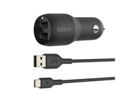 Belkin BoostCharge Dual Charger - Strömadapter för bil - 24 Watt - 4.8 A - 2 utdatakontakter (USB) - på kabel: USB-C - svart CCE001BT1MBK