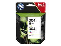 HP 304 - 2-pack - svartfärgad, färg (cyan, magenta, gul) - original - bläckpatron - för AMP 130; Deskjet 26XX, 37XX; ENVY 50XX 3JB05AE#301