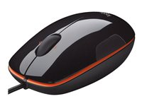 Logitech M150 - Mus - höger- och vänsterhänta - laser - kabelansluten - USB - svart, orange 910-003744