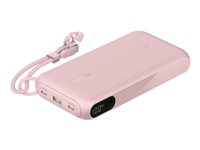 Belkin BoostCharge - Strömförsörjningsbank - med display - 20000 mAh - 20 Watt - PD - 3 utdatakontakter (2 x USB-C, USB) - på kabel: USB-C - rosa BPB028HQPK