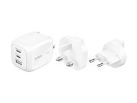 Belkin BoostCharge Pro - Strömadapter - GaN - 70 Watt - PD 3.1/PPS - 3 utdatakontakter (2 x USB-C, USB) - vit - med reseadapterkit WCH018HQWH