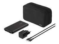 Belkin BoostCharge - Strömförsörjningsbank + växelströmsadapter - 10000 mAh - PD - 3 utdatakontakter (24 pin USB-C, 2 x USB) - på kabel: USB-C - Europa - med zippered pouch case BU041KQBK