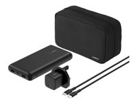 Belkin BoostCharge - Strömförsörjningsbank + växelströmsadapter - 20000 mAh - PD - 3 utdatakontakter (24 pin USB-C, 2 x USB) - på kabel: USB-C - Storbritannien - med fickfodral med dragkedja BU042MYBK