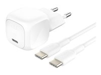 Belkin BoostCharge - Strömadapter - kompakt - 20 Watt - Fast Charge, PD 3.1/PPS (24 pin USB-C) - på kabel: USB-C - vit - med USB-C-kabel (1m) WCA009KQ1MWH-B6