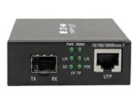Eaton Tripp Lite Series Gigabit SFP Fiber to Ethernet Media Converter, POE+, International Power Cables, 10/100/1000 Mbps - Fibermediekonverterare - 1GbE - 10Base-T, 100Base-TX, 1000Base-T - RJ-45 / SFP (mini-GBIC) - upp till 100 m - för P/N: N001-025-BK, N201-025-BL, N286-01GLX-SLX, N286-01GSX-MDLC N785-INT-PSFP
