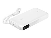 Belkin BoostCharge - Strömförsörjningsbank - med display - 20000 mAh - 20 Watt - PD, Fast Charge - 3 utdatakontakter (24 pin USB-C, USB) - på kabel: USB-C - vit BPB028HQWH