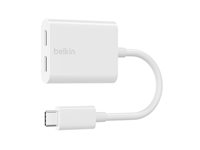 Belkin Connect Audio + Charge - USB-C till USB-C-hörlurar/laddningsadapter - 24 pin USB-C hane till 24 pin USB-C hona - 14 m - vit - USB Power Delivery (60W) F7U081BTWH