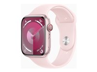 Apple Watch Series 9 (GPS + Cellular) - 45 mm - rosa aluminium - smart klocka med sportband - fluoroelastomer - ljusrosa - bandstorlek: M/L - 64 GB - Wi-Fi, Bluetooth, UWB, LTE - 4G - 39 g MRML3KS/A