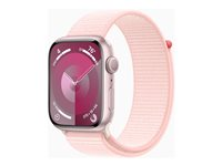 Apple Watch Series 9 (GPS) - 45 mm - rosa aluminium - smart klocka med sportögla - mjukt nylon i dubbla lager - ljusrosa - 64 GB - Wi-Fi, Bluetooth, UWB - 38.7 g MR9J3KS/A