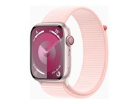 Apple Watch Series 9 (GPS + Cellular) - 45 mm - rosa aluminium - smart klocka med sportögla - mjukt nylon i dubbla lager - ljusrosa - 64 GB - Wi-Fi, Bluetooth, UWB, LTE - 4G - 39 g MRMM3KS/A