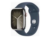 Apple Watch Series 9 (GPS + Cellular) - 45 mm - rostfritt stål i silver - smart klocka med sportband - fluoroelastomer - stormbl¨ - bandstorlek: S/M - 64 GB - Wi-Fi, Bluetooth, UWB, LTE - 4G - 51.5 g MRMN3KS/A