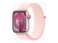 Apple Watch Series 9 (GPS + Cellular) - 41 mm - rosa aluminium - smart klocka med sportögla - mjukt nylon i dubbla lager - ljusrosa - 64 GB - Wi-Fi, Bluetooth, UWB, LTE - 4G - 32.1 g MRJ13KS/A