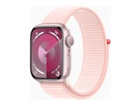 Apple Watch Series 9 (GPS) - 41 mm - rosa aluminium - smart klocka med sportögla - mjukt nylon i dubbla lager - ljusrosa - 64 GB - Wi-Fi, Bluetooth, UWB - 31.9 g MR953KS/A