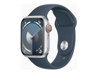 Apple Watch Series 9 (GPS + Cellular) - 41 mm - silveraluminium - smart klocka med sportband - fluoroelastomer - stormbl¨ - bandstorlek: M/L - 64 GB - Wi-Fi, Bluetooth, UWB, LTE - 4G - 32.1 g MRHW3KS/A