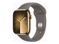 Apple Watch Series 9 (GPS + Cellular) - 45 mm - guld, rostfritt stål - smart klocka med sportband - fluoroelastomer - clay - bandstorlek: S/M - 64 GB - Wi-Fi, Bluetooth, UWB, LTE - 4G - 51.5 g MRMR3KS/A
