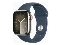 Apple Watch Series 9 (GPS + Cellular) - 41 mm - rostfritt stål i silver - smart klocka med sportband - fluoroelastomer - stormbl¨ - bandstorlek: M/L - 64 GB - Wi-Fi, Bluetooth, UWB, LTE - 4G - 42.3 g MRJ33KS/A