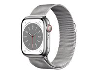 Apple Watch Series 8 (GPS + Cellular) - 41 mm - rostfritt stål i silver - smart klocka med milanesisk loop - handledsstorlek: 130-180 mm - 32 GB - Wi-Fi, Bluetooth, LTE, UWB - 4G - 42.3 g MNJ83KS/A