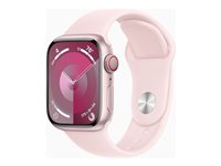 Apple Watch Series 9 (GPS + Cellular) - 41 mm - rosa aluminium - smart klocka med sportband - fluoroelastomer - ljusrosa - bandstorlek: M/L - 64 GB - Wi-Fi, Bluetooth, UWB, LTE - 4G - 32.1 g MRJ03KS/A
